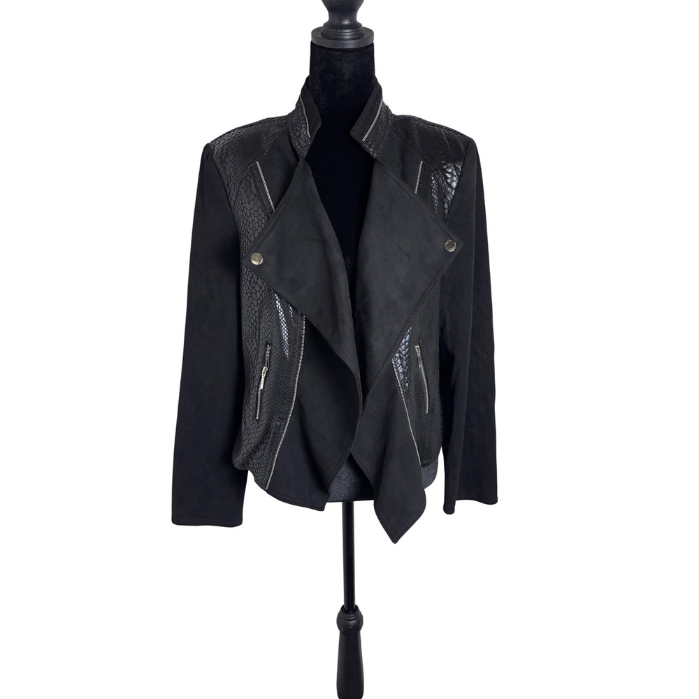 Maakif Moto Jacket Womens 14 Black Very Good Faux Snakeskin Draped Open Front